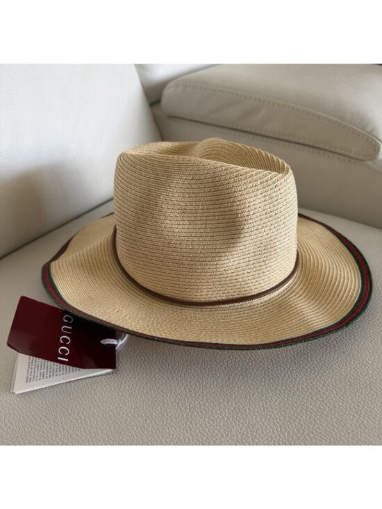 NWT GUCCI Raffia Hat Beige Web Soft Sz M 100% Authentic main image 5